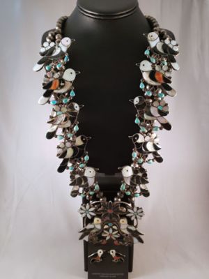 Vintage Native American Silver Chip Inlay Thunderbird Squash Blossom  Necklace