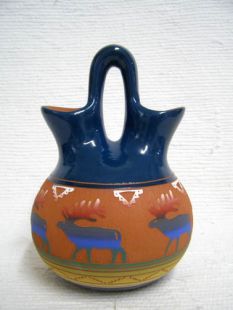 Native American Navajo Red Clay Squat Wedding Vase with Elk