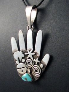 Native American Zuni/Navajo Made Pendant--Healing Hand with Kingman Turquoise