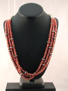 Native American Santo Domingo Made Three-Strand Coral and Shell Necklace