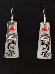 Native American Navajo Made Earrings with Kokopelli and Coral Stone