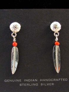 Native American Navajo Made Sterling Silver Feather Earrings with Coral Stone