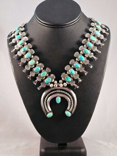 Native American Navajo Made Box Bow Squash Blossom Necklace--Vintage