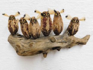Mahogany Pod Owls on Wood--Six