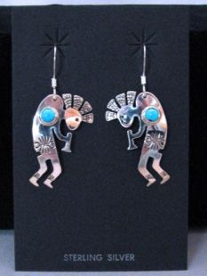 Native American Navajo Made Earrings with Kokopelli and Turquoise 