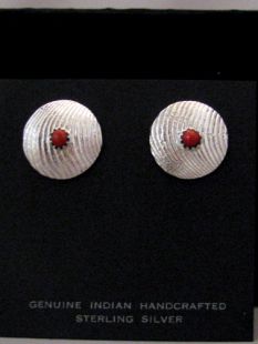 Native American Navajo Made Concha Post Earrings with Coral 