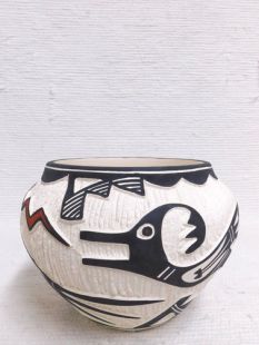 Native American Acoma Etched and Handpainted Bowl with Avanyu