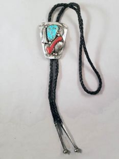Vintage Native American Navajo Made Bolo with Turquoise and Coral