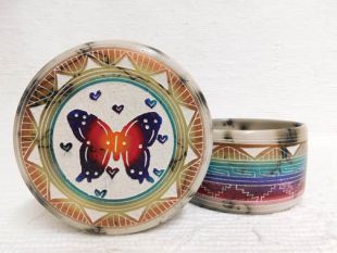 Native American Navajo Made Ceramic Fine Etched Horsehair Jewelry Box with Butterfly