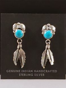 Native American Navajo Made Turquoise Earrings with Feathers