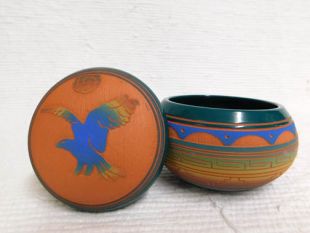 Native American Navajo Red Clay Small Round Jewelry Box with Eagle