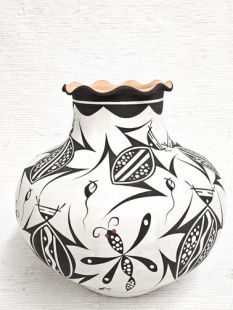 Native American Zuni Handbuilt and Handpainted Large White Slip Pot with Frogs and Dragonflies