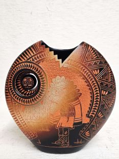 Native American Laguna Handpainted and Handetched Pillow Vase with Kachina Dancer