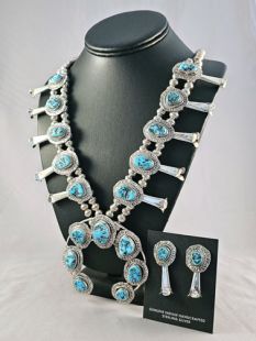 Native American Navajo Made Squash Blossom Necklace and Earrings