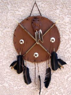 Native American Tohono O’odham Made Small Ceremonial Medicine Man Shield with Medicine Bag