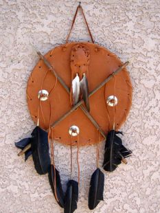 Native American Tohono O’odham Made Small Ceremonial Medicine Man Shield with Medicine Bag