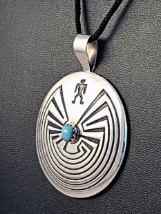 Native American Navajo Made Man in the Maze Pendant with Turquoise