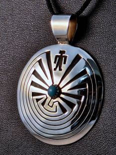 Native American Navajo Made Man in the Maze Pendant with Turquoise