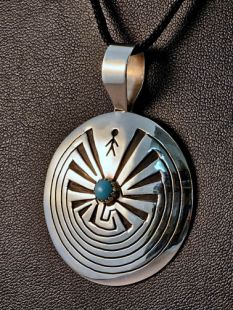 Native American Navajo Made Man in the Maze Pendant with Turquoise