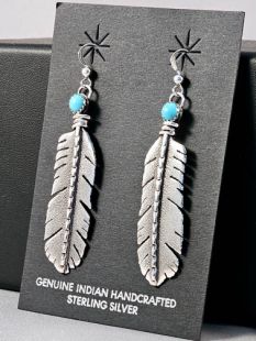 Native American Zuni Made Prayer Feather Earrings with Turquoise