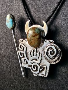 Native American Zuni Made Buffalo Warrior with Turquoise Pin/Pendant