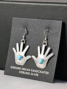 Native American Zuni Made Healing Hand Earrings with Turquoise