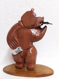 Native American Apache Carved Sedona Red Rock Bear Sculpture with Fish