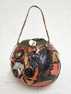 Native American Apache Made Gourd Pot with Buffalo and Prayer Feathers