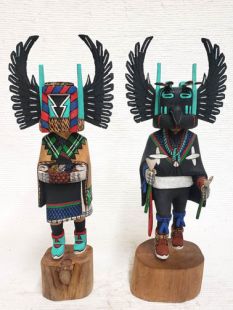 Native American Hopi Carved Crow Mother and Crow Father Katsina Dolls