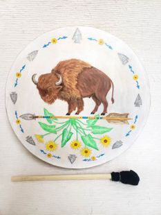 Native American Cherokee Made Painted Buffalo Drum with Buffalo and Arrow