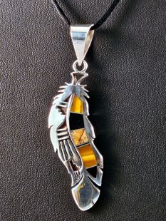 Native American Navajo Made Inlaid Prayer Feather Pendant--Vintage