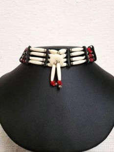 Native American Four-Row Black and White Choker with Red Stones and Center Piece
