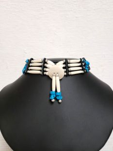 Native American Four-Row Black and White Choker with Turquoise Stones and Center Piece