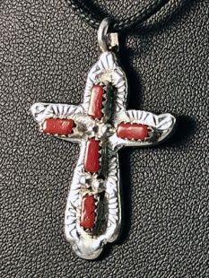 Native American Zuni Made Cross with Coral