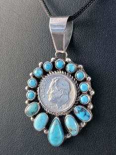 Native American Navajo Made Pendant--1965 Dime with Turquoise 