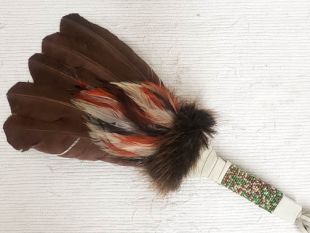 Native American Made Prayer Fan with Flat Beaded Handle--Brown