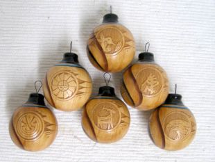 Native American Navajo Made Ceramic Woodgrain Black Top Christmas Ball Ornaments