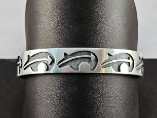 Native American Hopi Made Overlay Cuff Bracelet with Bears