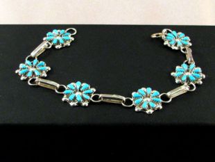 Native American Zuni Made Link Bracelet with Turquoise Blossoms