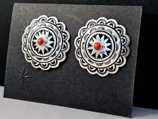 Native American Navajo Made Concha Earrings with Coral