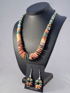 Native American Navajo Made Spiny Oyster and Turquoise Necklace and Earrings
