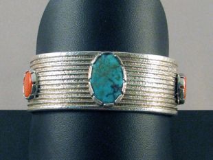 Native American San Ildefonso Made Cuff Bracelet with Turquoise and Coral