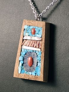 Native American Hopi Made Cottonwood Pendant with Turquoise and Shell