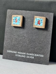 Native American Hopi Made Cottonwood Earrings with Turquoise and Coral