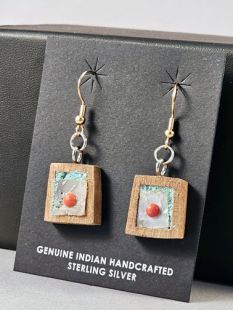 Native American Hopi Made Cottonwood Earrings with Turquoise, Shell and Coral