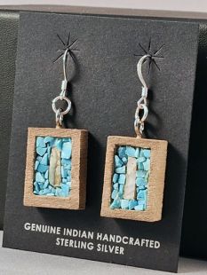 Native American Hopi Made Cottonwood Earrings with Turquoise and Shell 