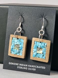 Native American Hopi Made Cottonwood Earrings with Turquoise and Shell 