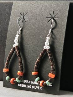 Native American Navajo Made Earrings with Shell, Coral and Turquoise