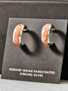 Native American Navajo Made Inlaid Coral Hoop Earrings 