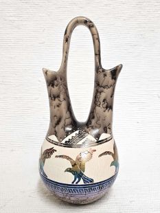 Native American Navajo Fine Etched Horsehair Wedding Vase with Eagles